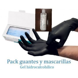 Pack Guantes de nitrilo 20 uds, mascarillas y gel alcohol